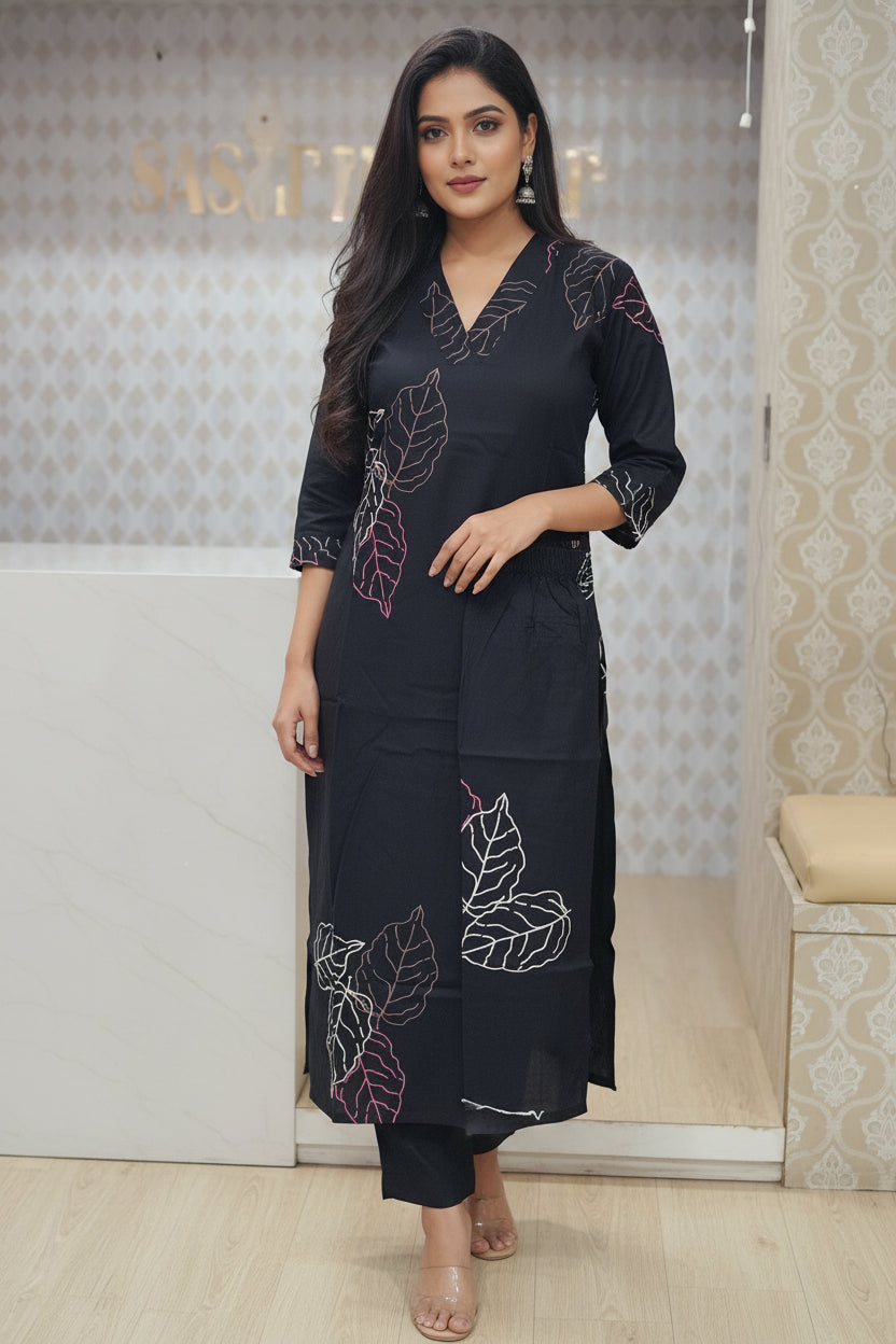 Black leaf print kurti set