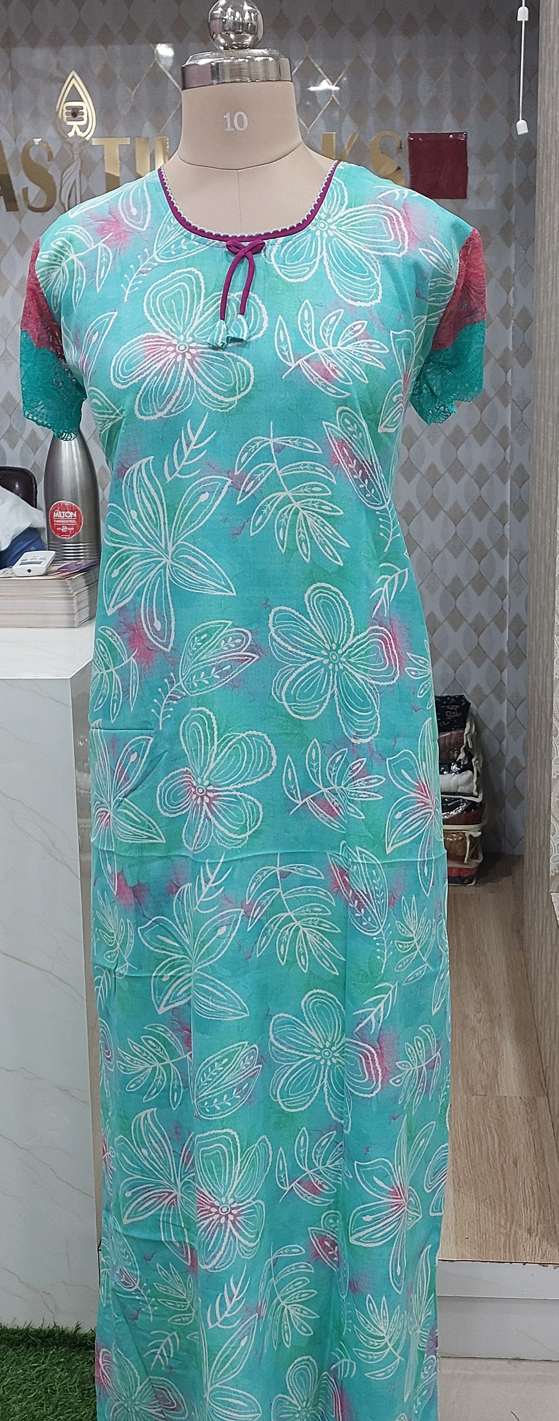 Teal Blue Printed Nighty