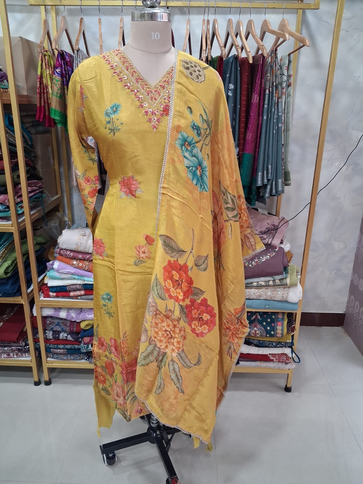 Mustard Yellow Floral kurti set