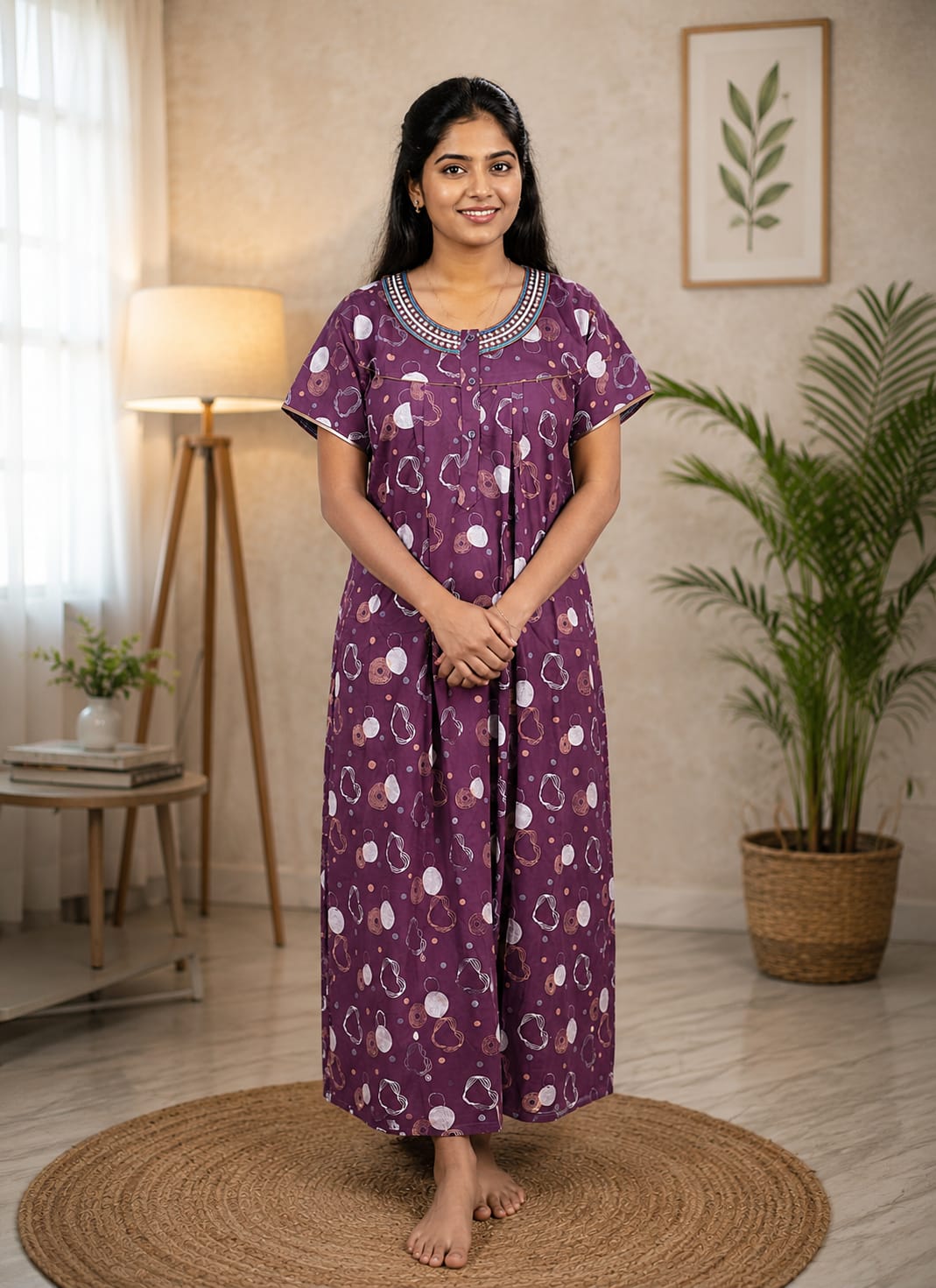 Violet Abstract Printed Cotton Nighty
