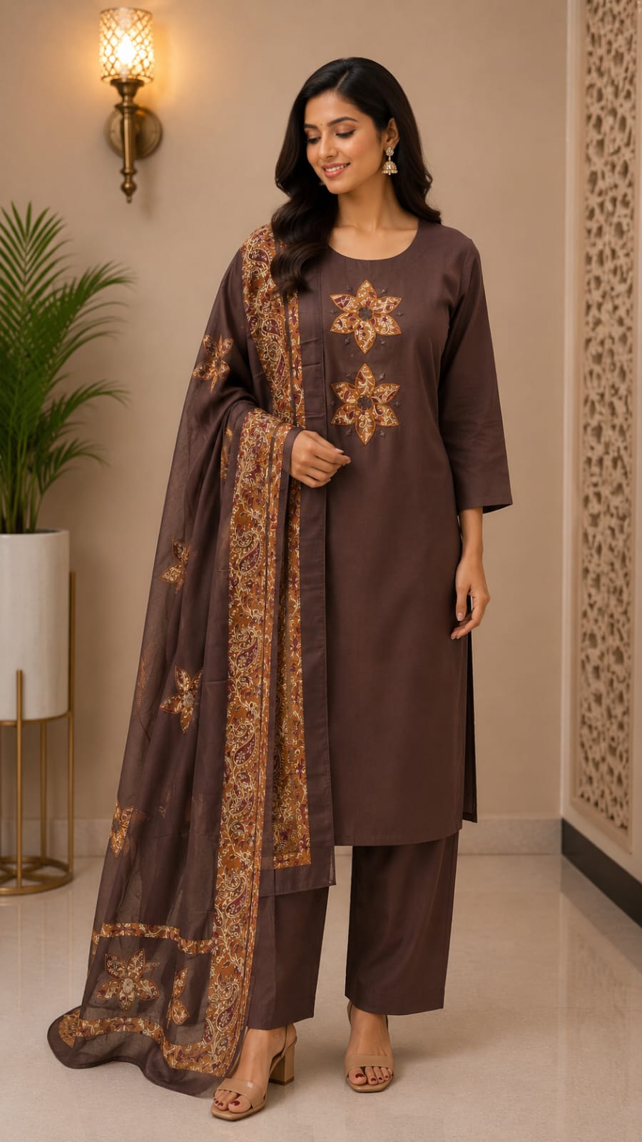 Brown Embroidered  kurti set