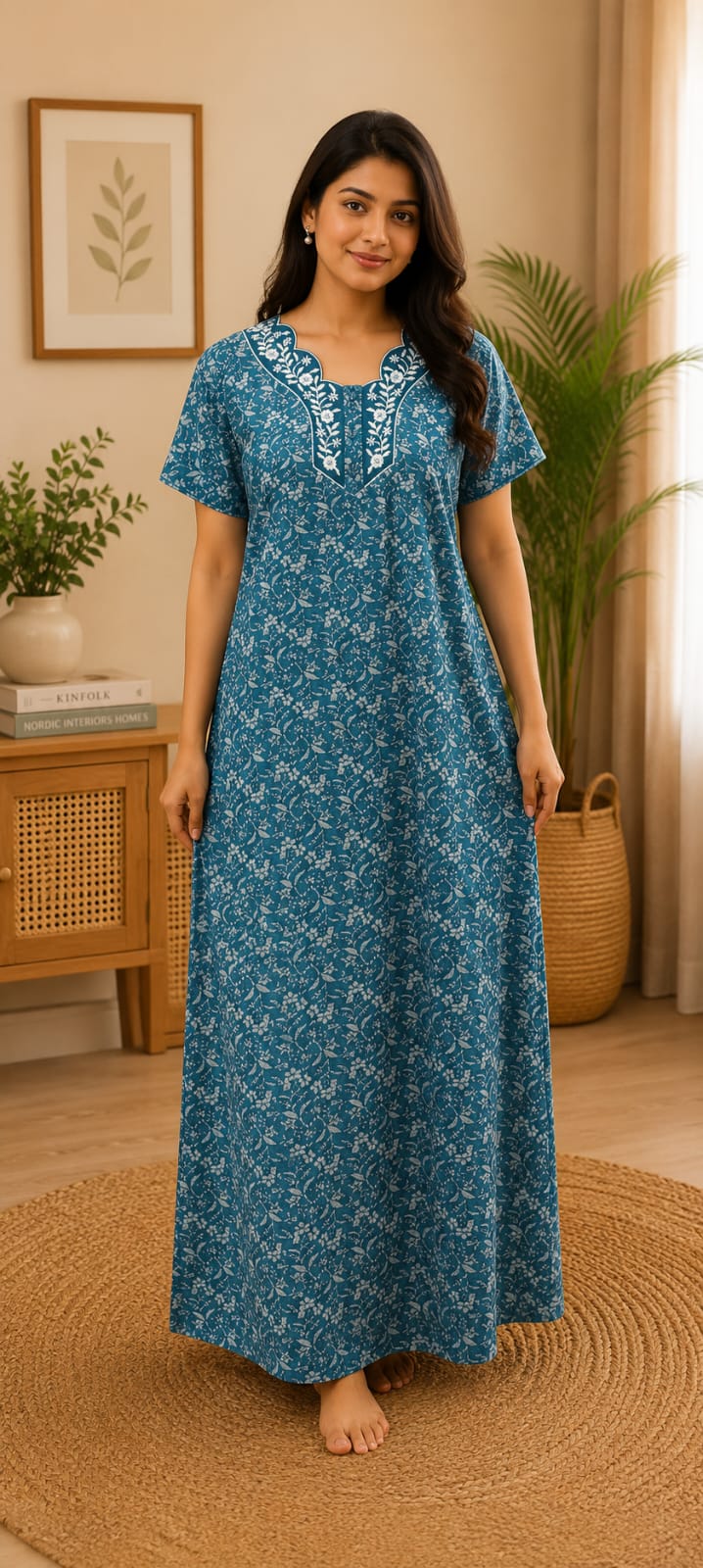 Teal Blue Floral Cotton Nighty