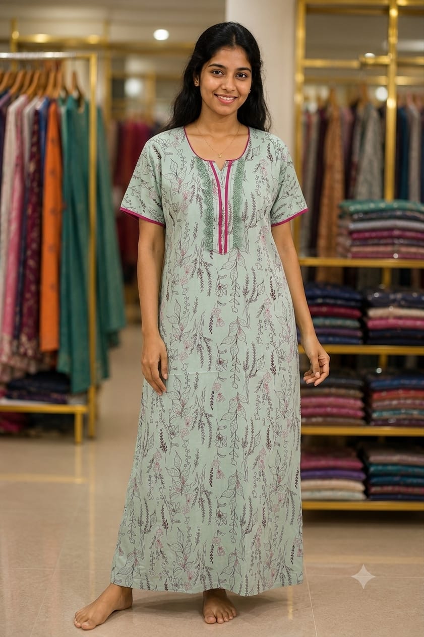 Mint green botanical cotton nighty