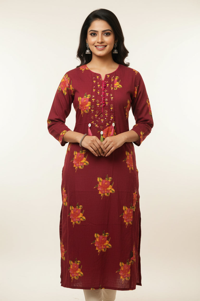 Maroon floral kurthi set cotton