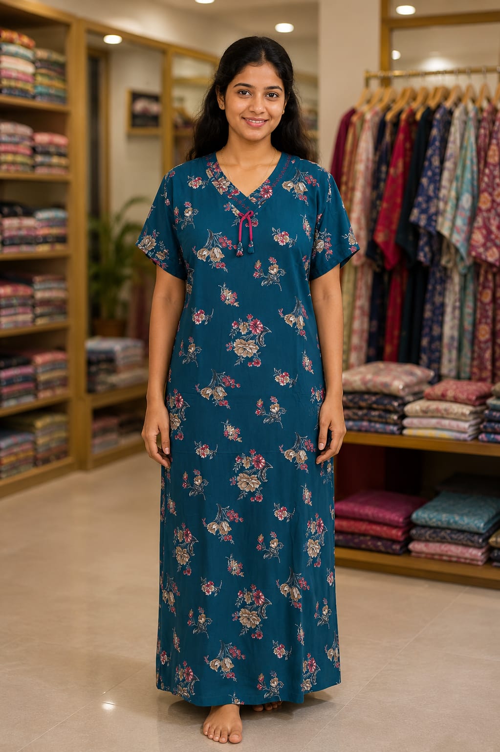 Teal Blue floral cotton nighty