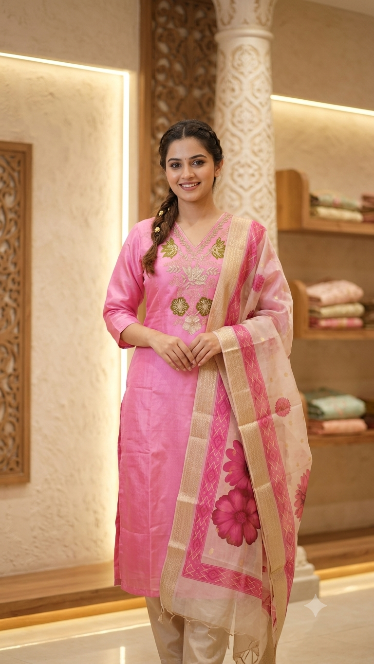 Pink Embroidered  kurti set