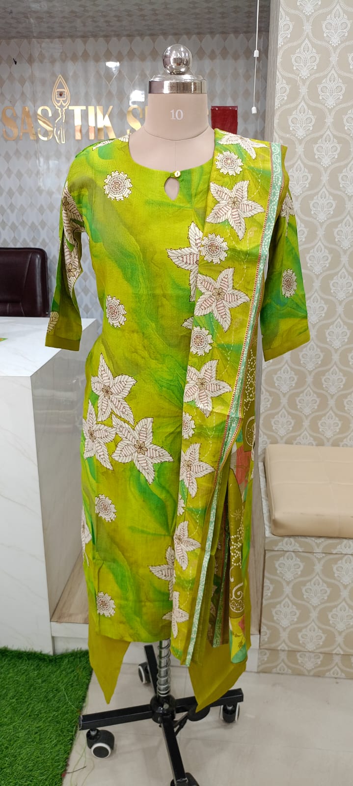 Elegant Bright Lime Green Floral Printed Kurti Set