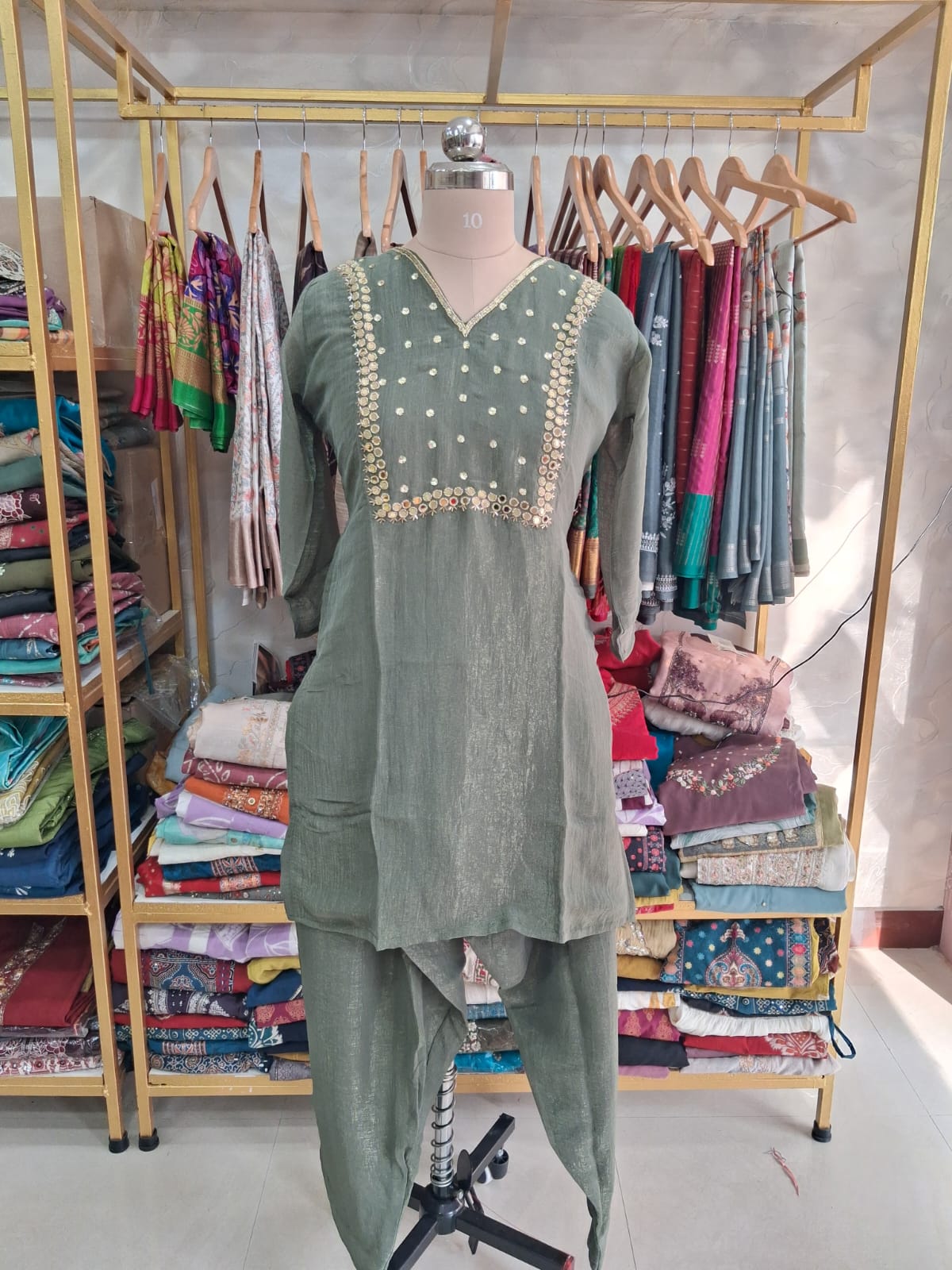 Premium tissue green kurti set