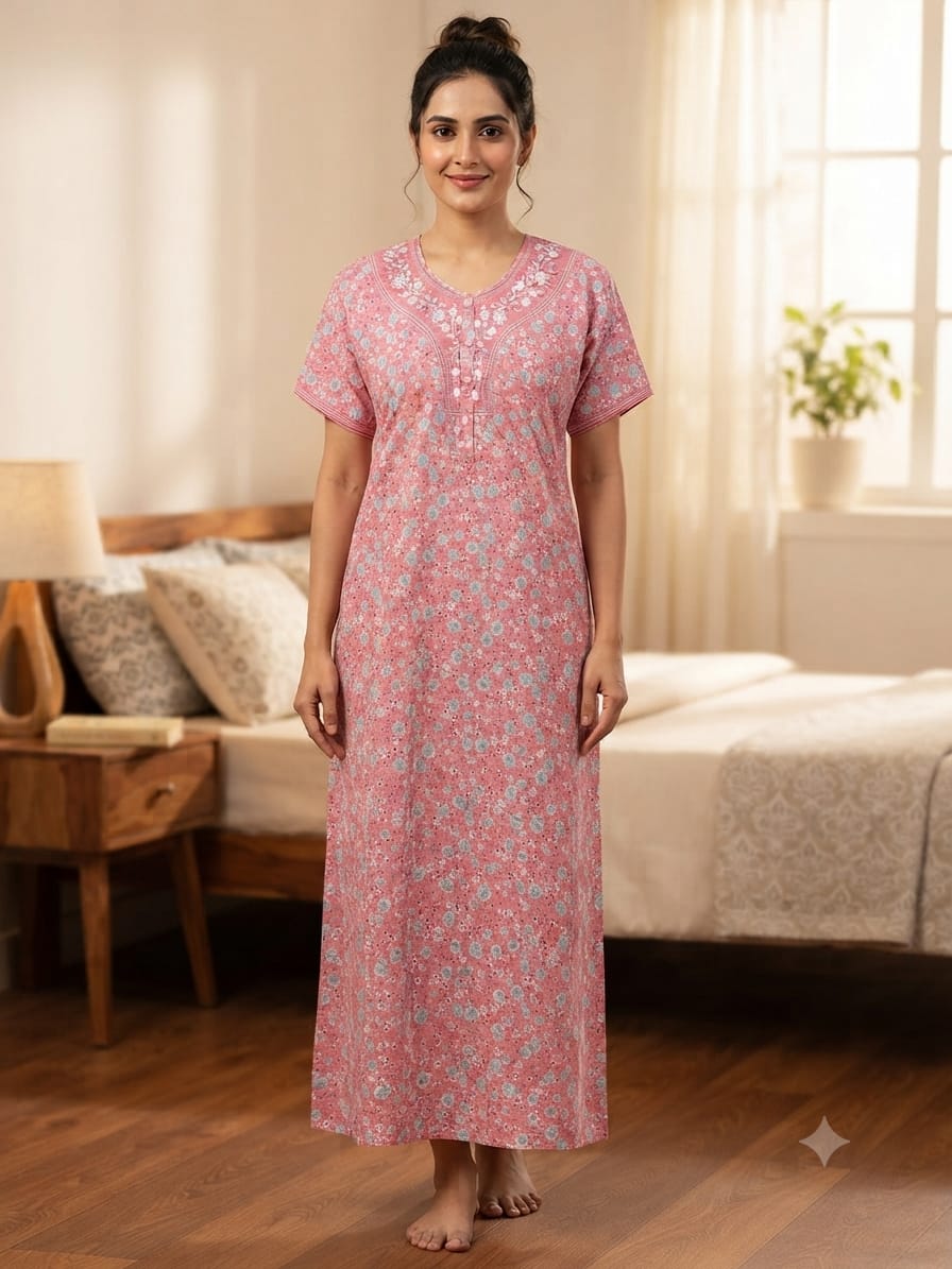 Pink Floral Cotton Nighty