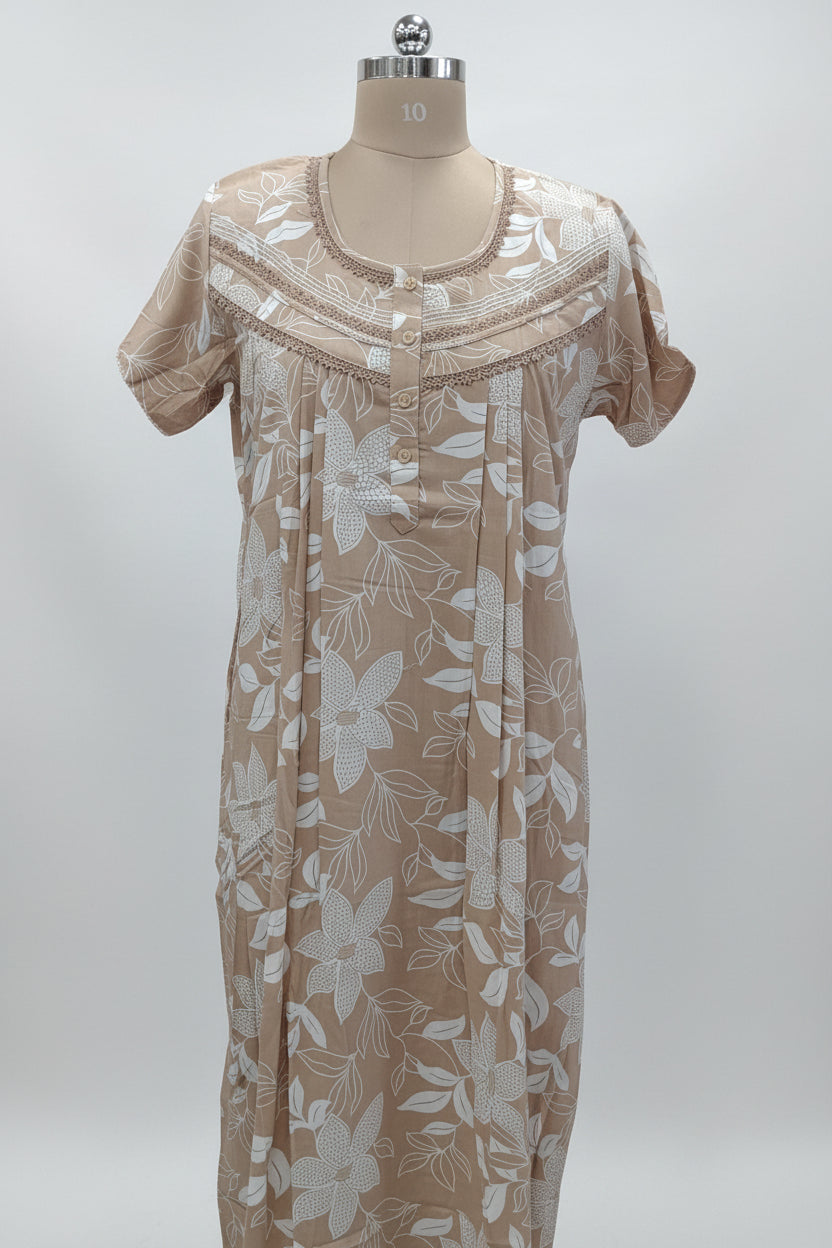 Beige Floral cotton nighty