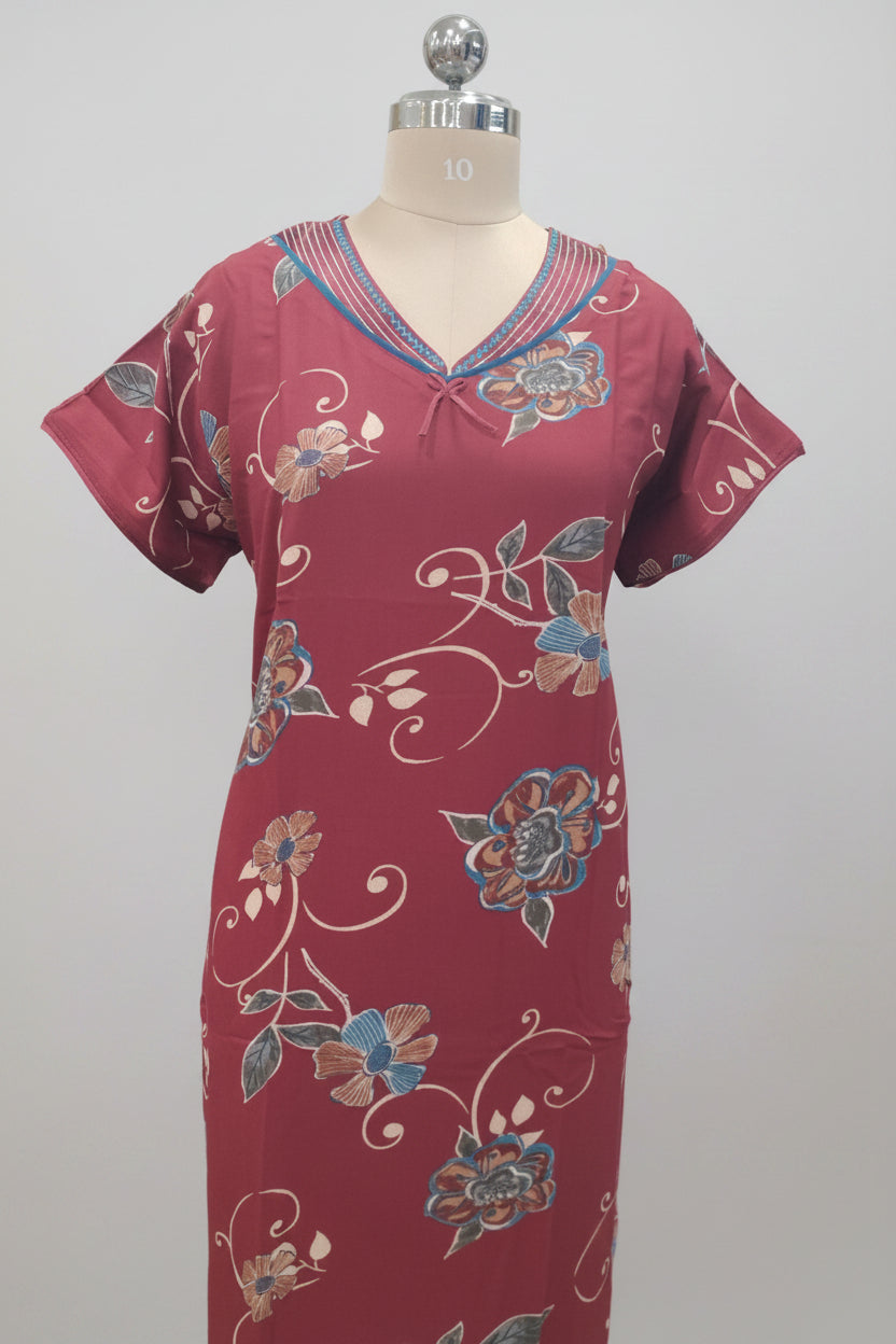Maroon floral cotton nighty