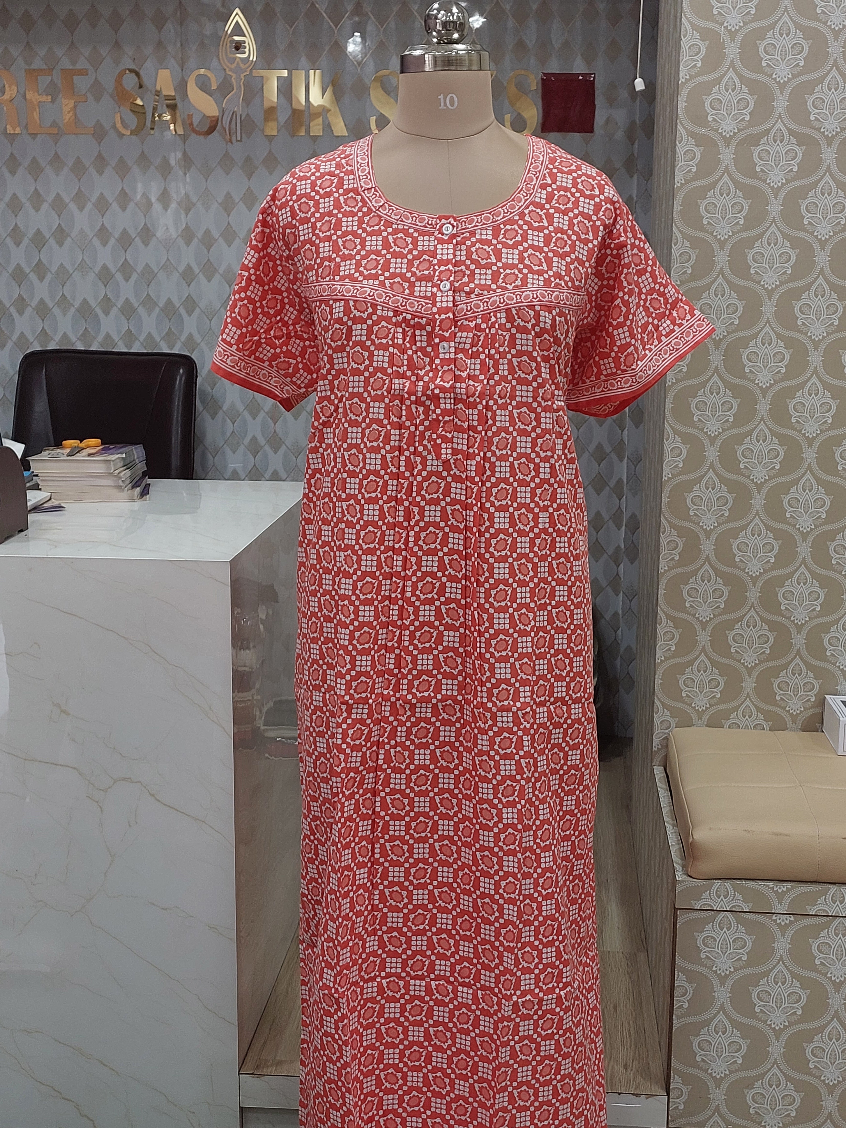 Crimson Red Printed Cotton Nighty