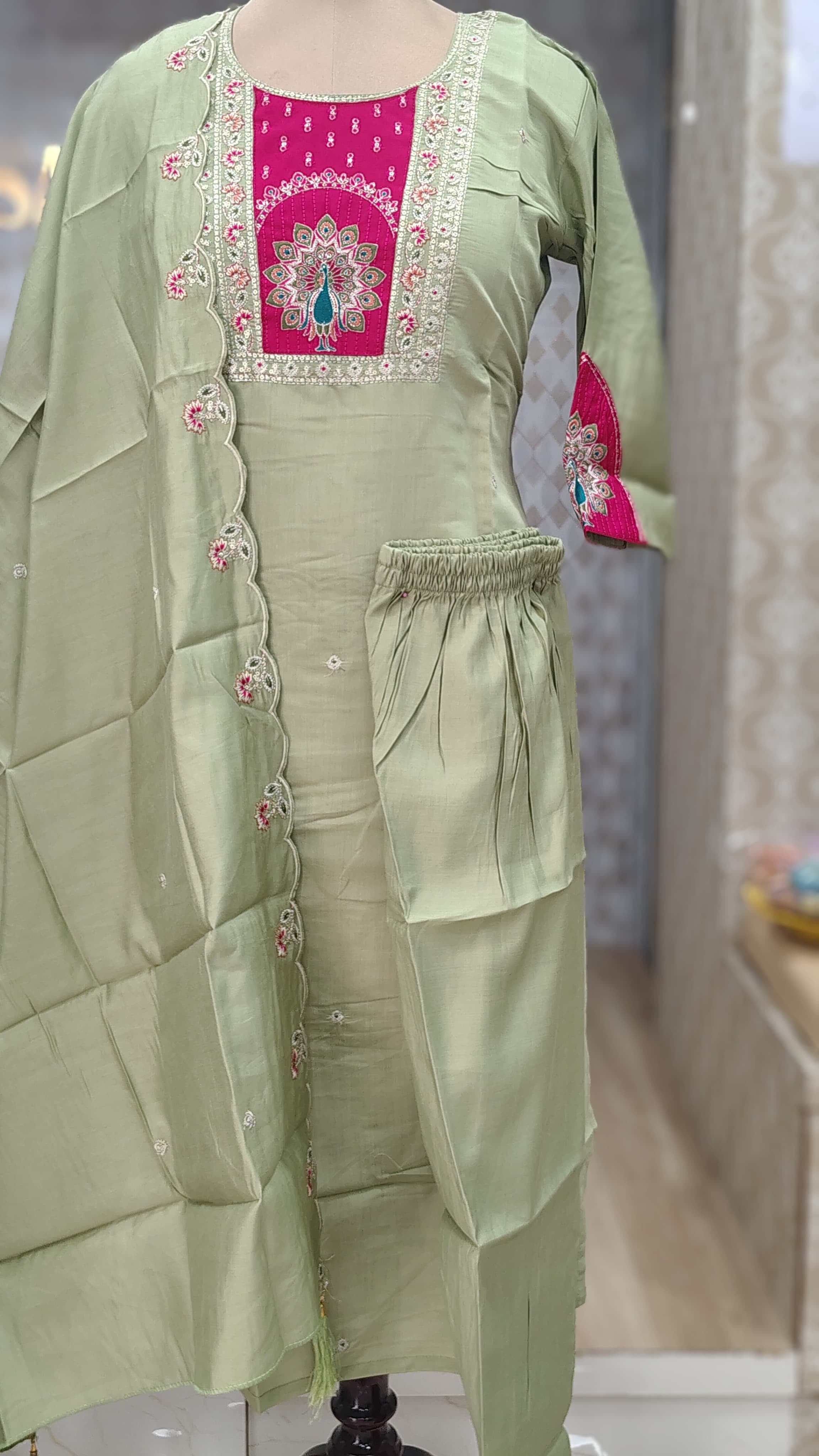 Pink and geen Embroidered  kurti set