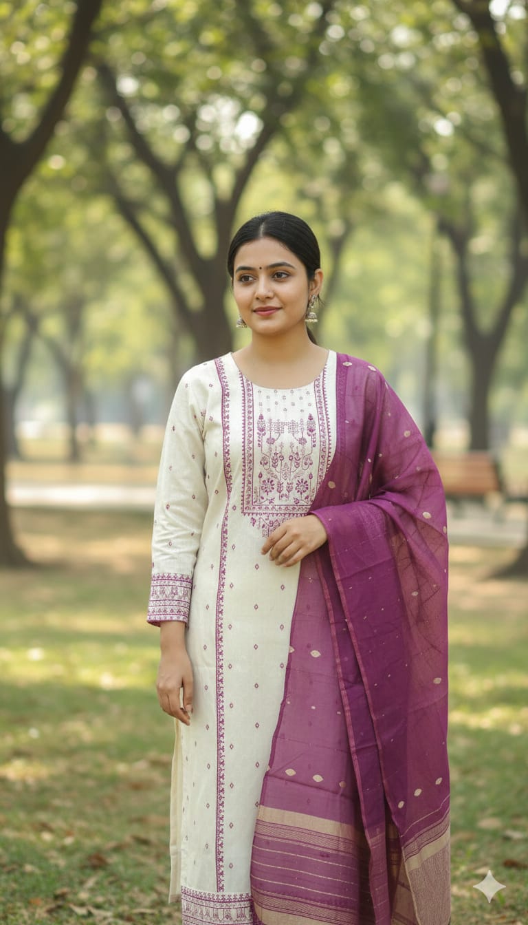 Cream&magenta embroidery kurthi set