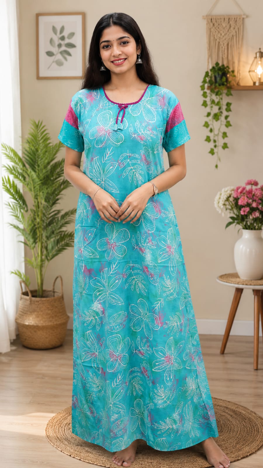 Teal Blue Printed Nighty