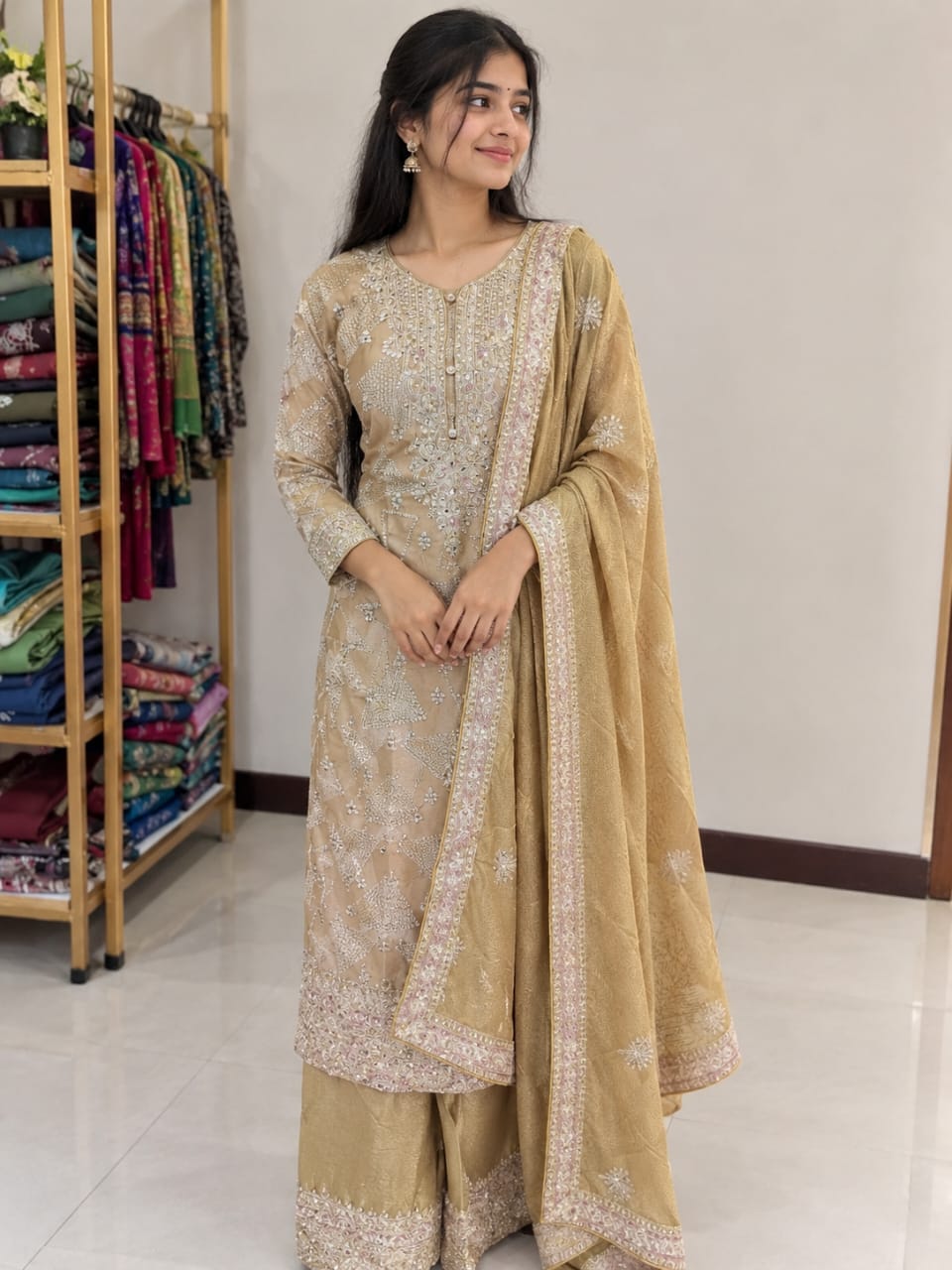 3colour Embroidered printed kurthi set