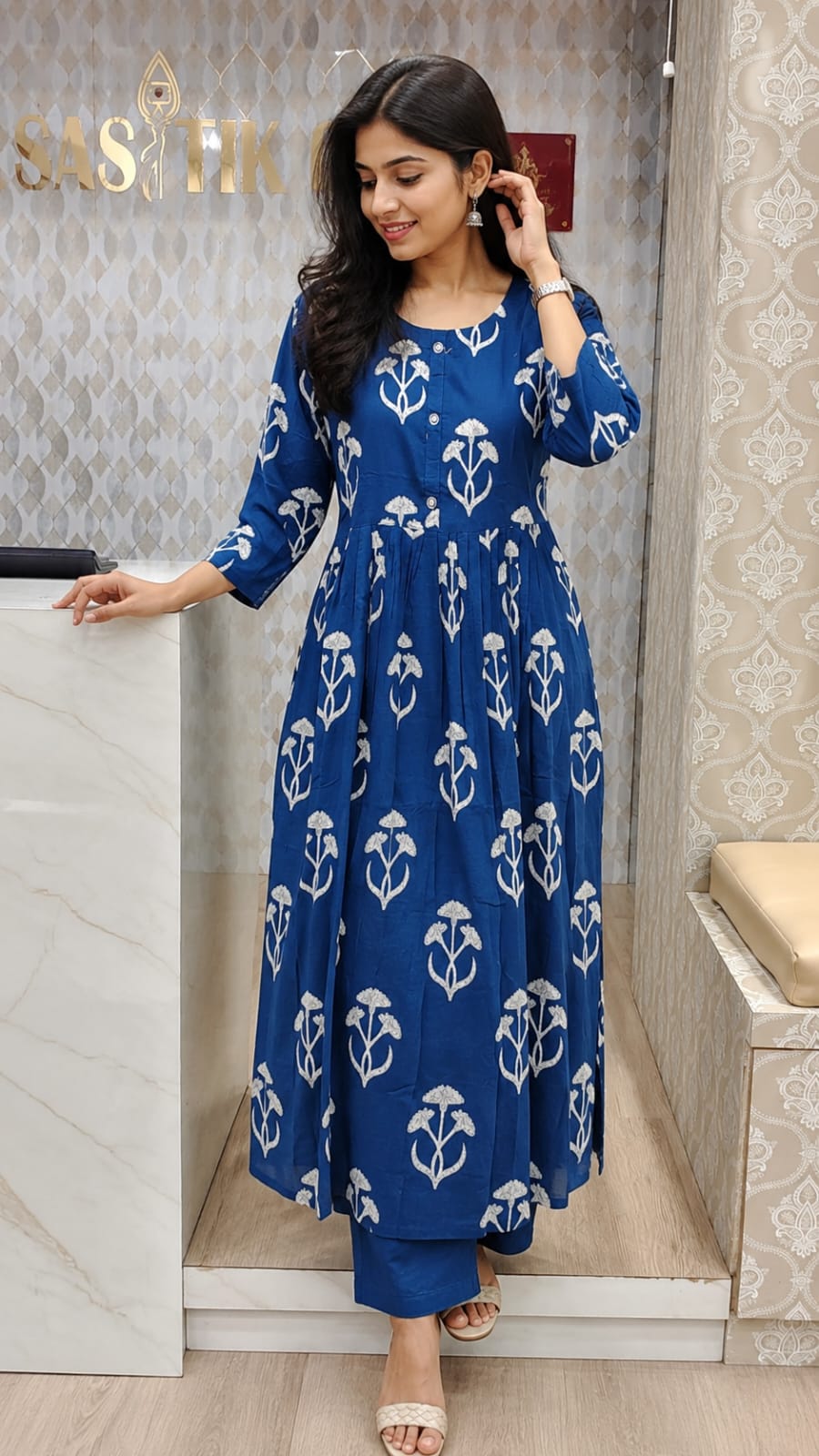 Elegant Blue Printed A-Line Kurti