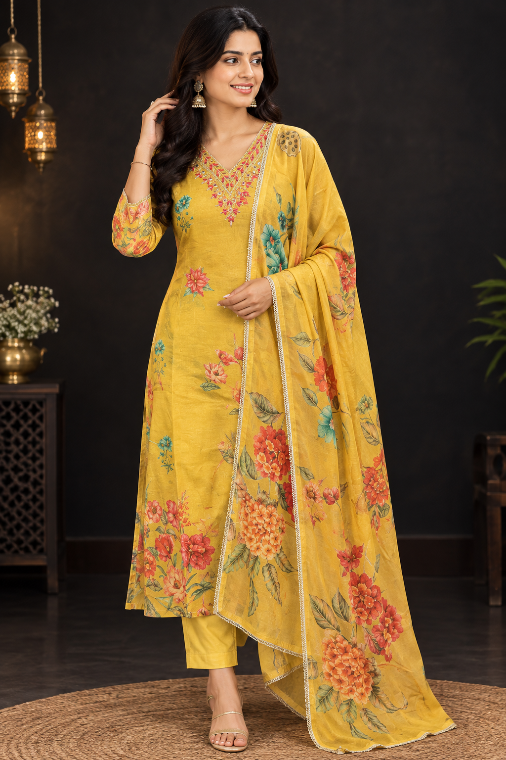 Mustard Yellow Floral kurti set