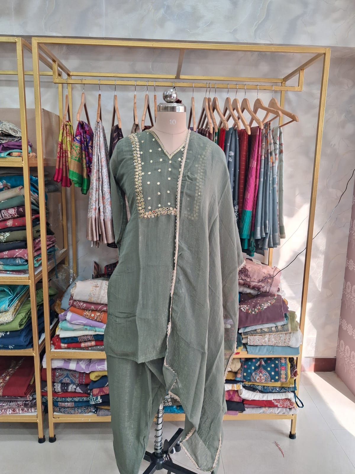 Premium tissue green kurti set