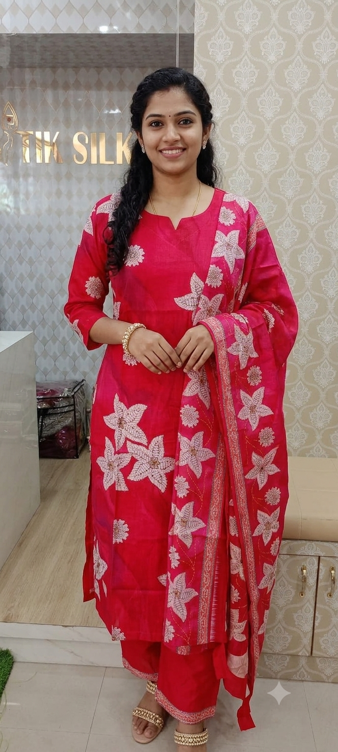 Elegant Bright Pink Floral Printed Kurti Set