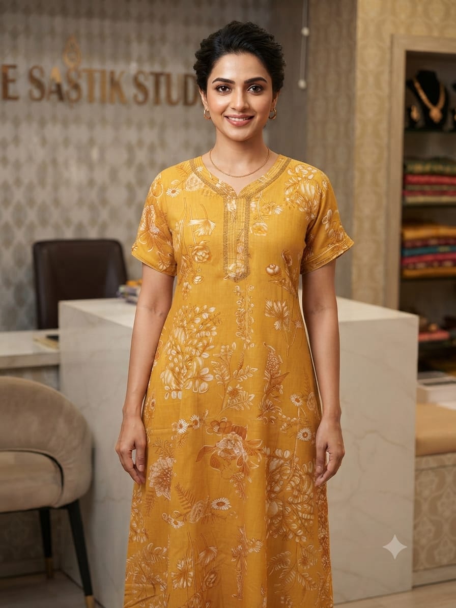 Mustard Yellow Floral Cotton Nighty