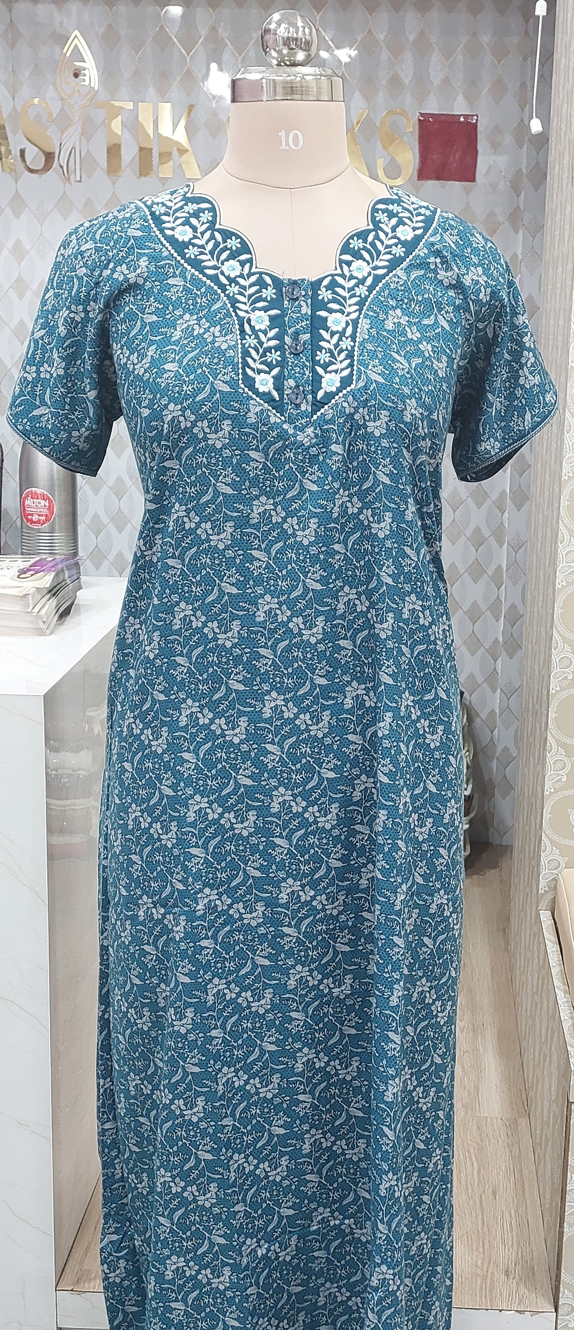 Teal Blue Floral Cotton Nighty
