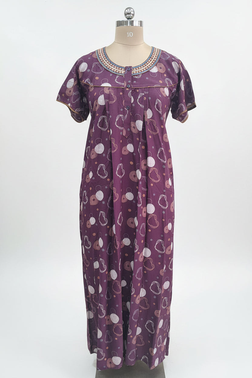 Violet Abstract Printed Cotton Nighty