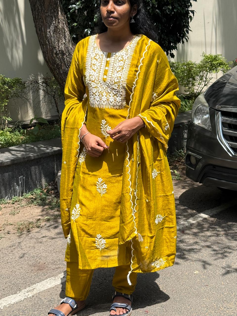 Mustard Yellow embroidered kurti set