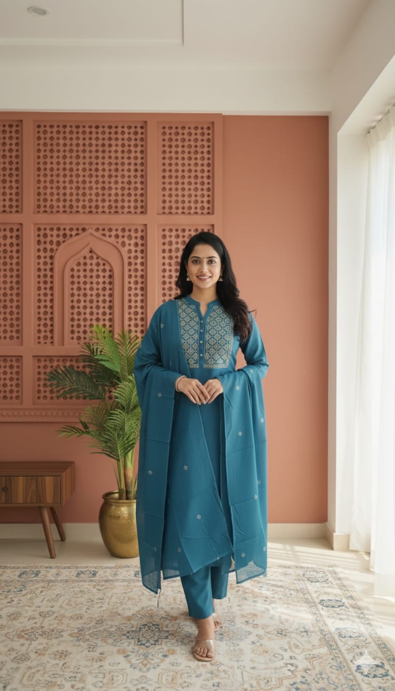 Cotton teal blue kurthi set