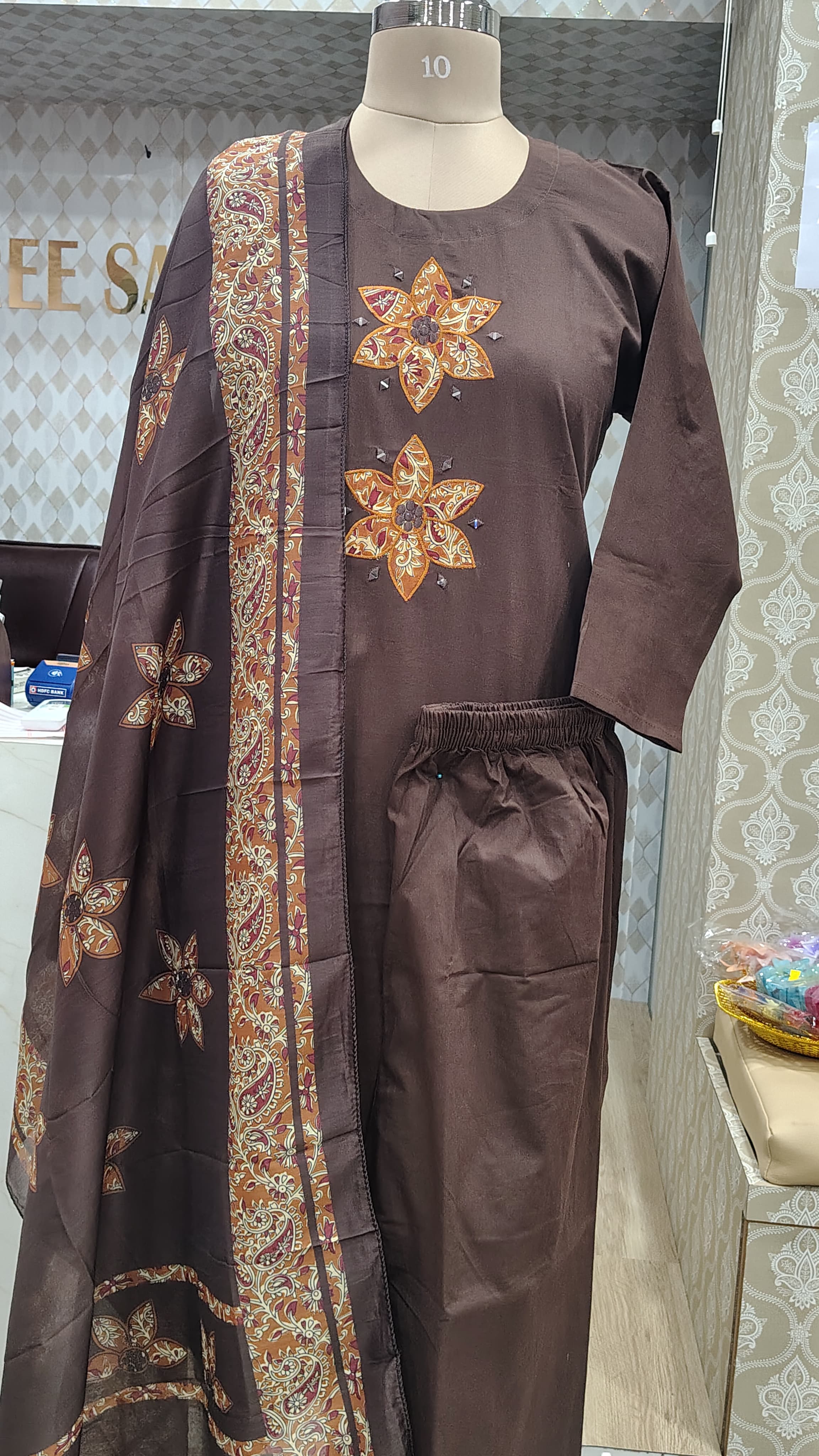 Brown Embroidered  kurti set