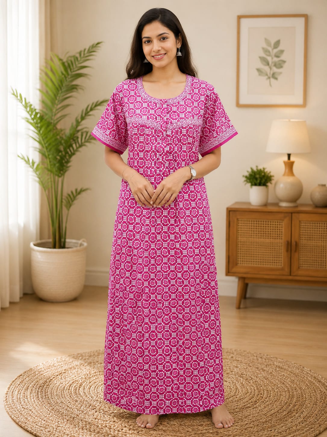 Pink Printed Cotton Nighty