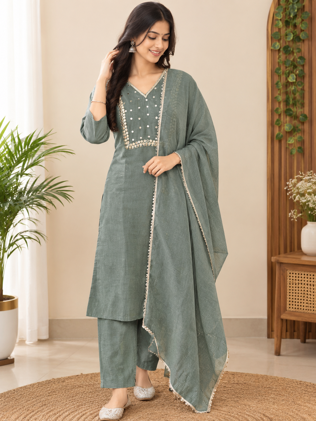 Premium tissue green kurti set
