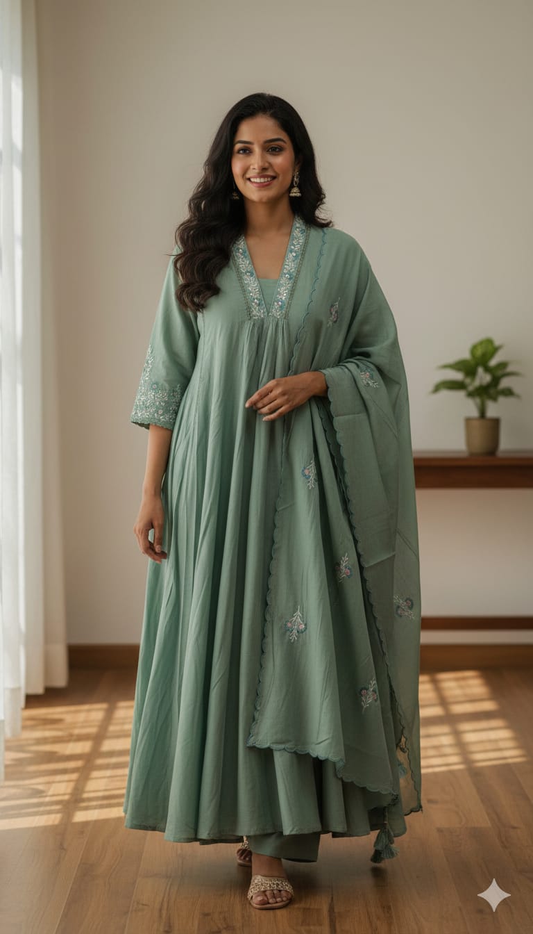 V-neck embroidery kurthi set